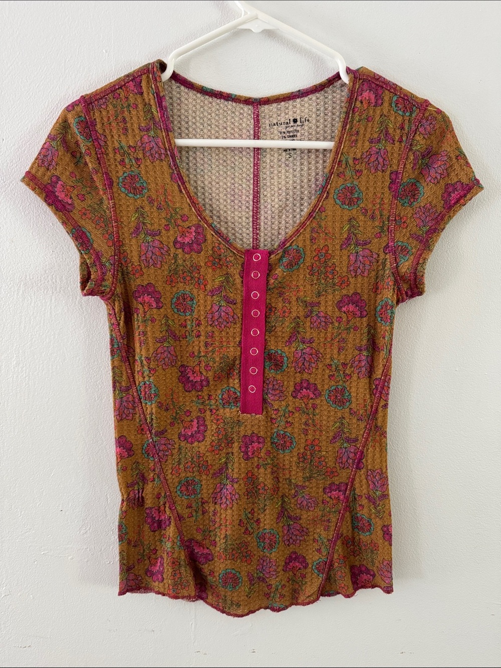 Natural Life floral waffle-knit short-sleeve top Sz S